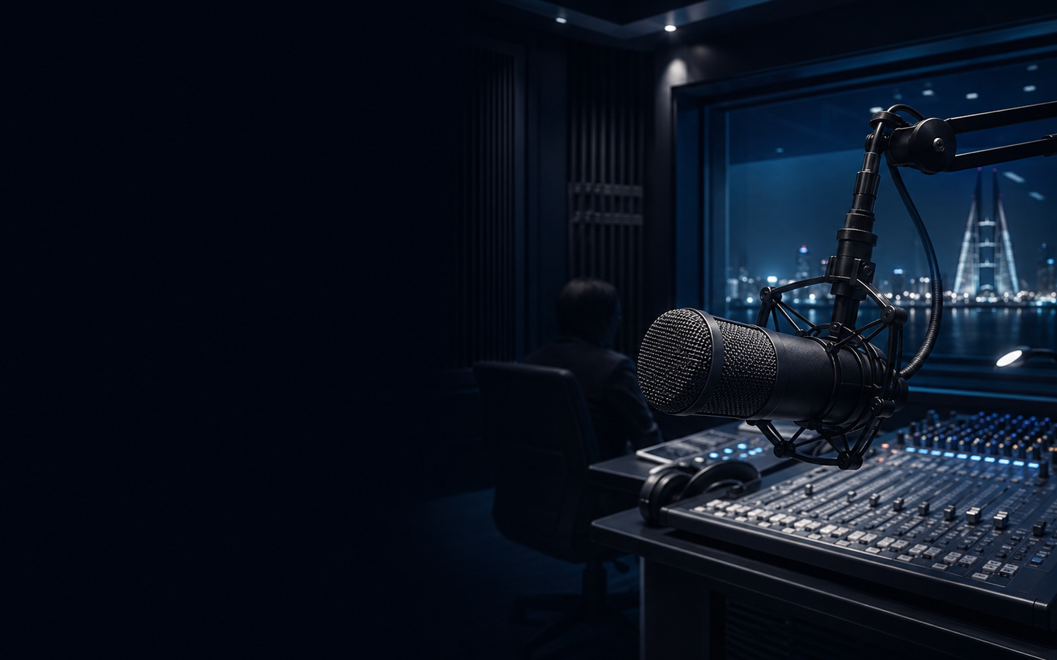 Professional podcast studio with broadcast microphone and production console